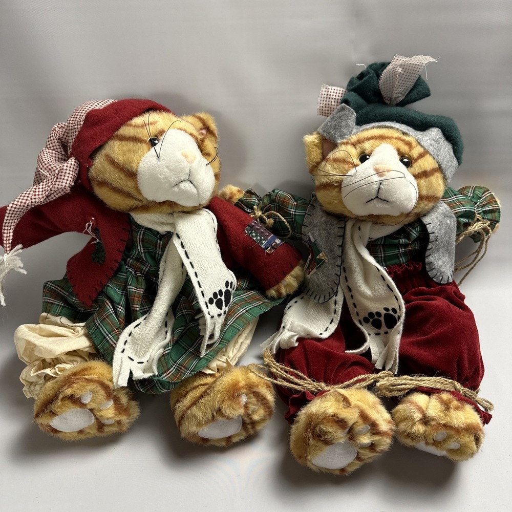 Tender Hearted Christmas Cats Pair 18" Plush Tabby Vintage Country Primitive